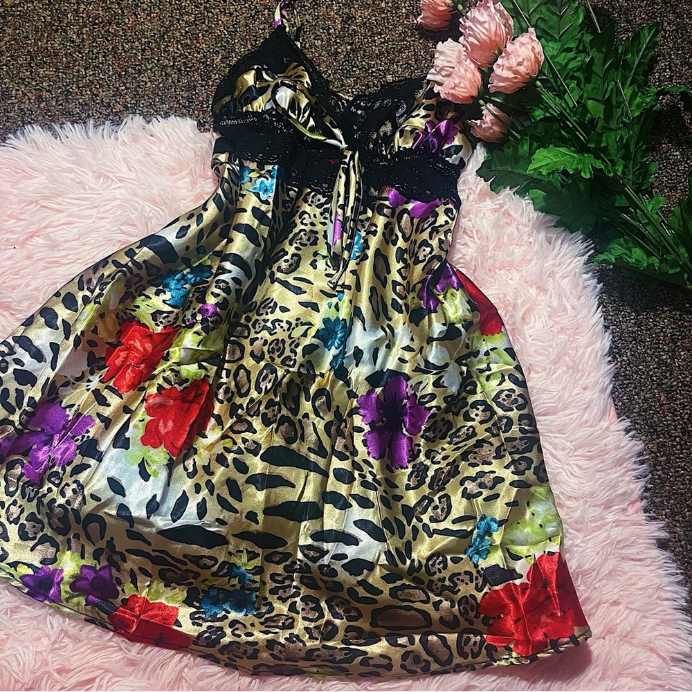 Vintage Y2K Cheetah Print Floral Slip Dress with Black Lace Trip Sz L